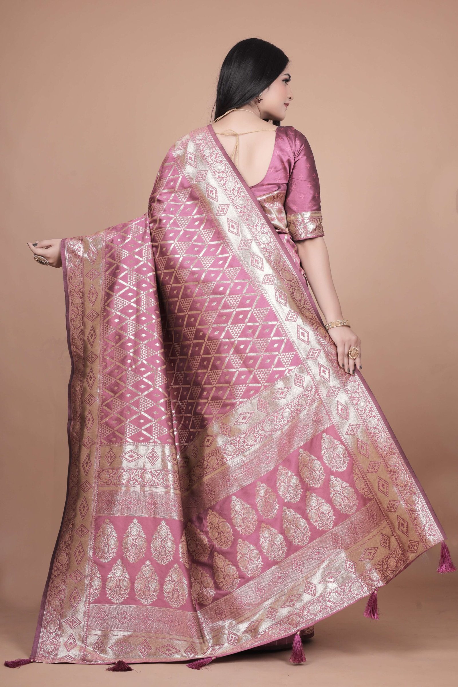 Mauve Banarasi Silk Saree with Silver Geometric & Floral Zari | Wedding & Festive Wear | Elegant Designer Saree - Image 6