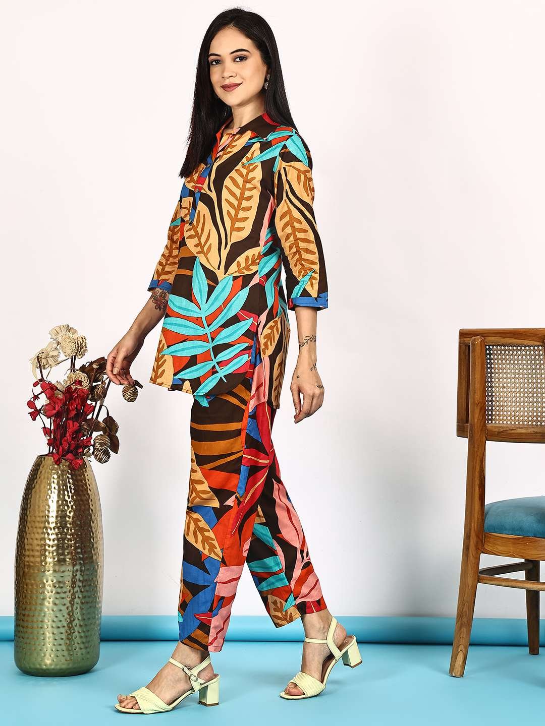 Women's Pure Cotton Printed Collared Top and Pant Co-ord Set (Multti Color1)