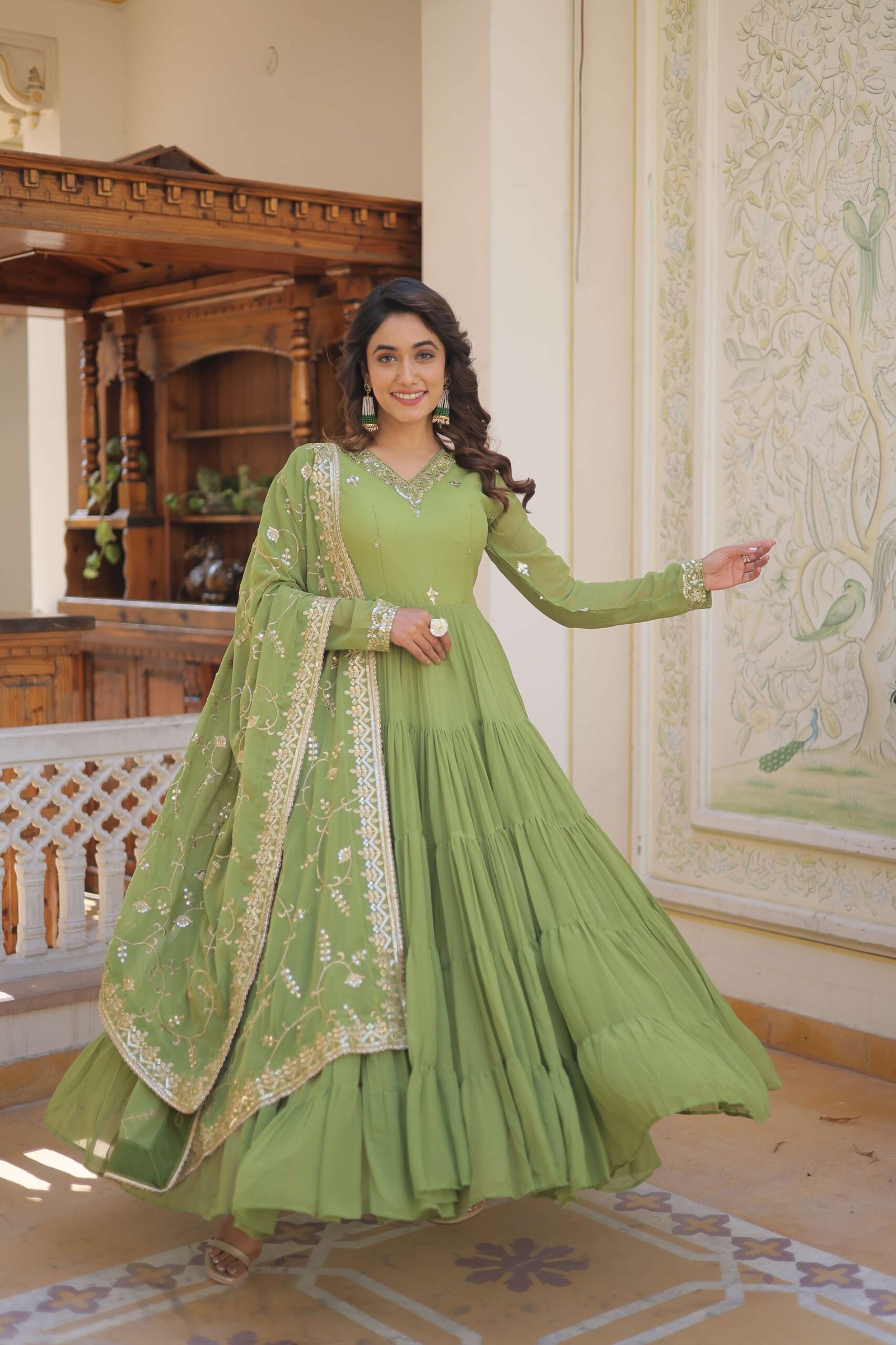 Green Faux Georgette Designer Gown with Sequined Dupatta ? Fully Flared Elegant Ready-to-Wear Set - Image 5