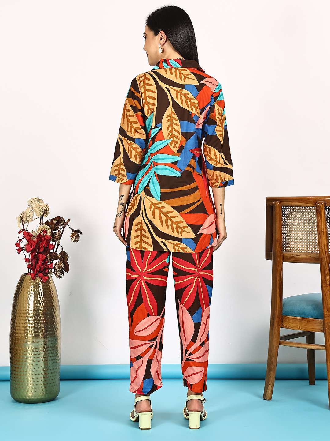Women's Pure Cotton Printed Collared Top and Pant Co-ord Set (Multti Color1) - Image 2