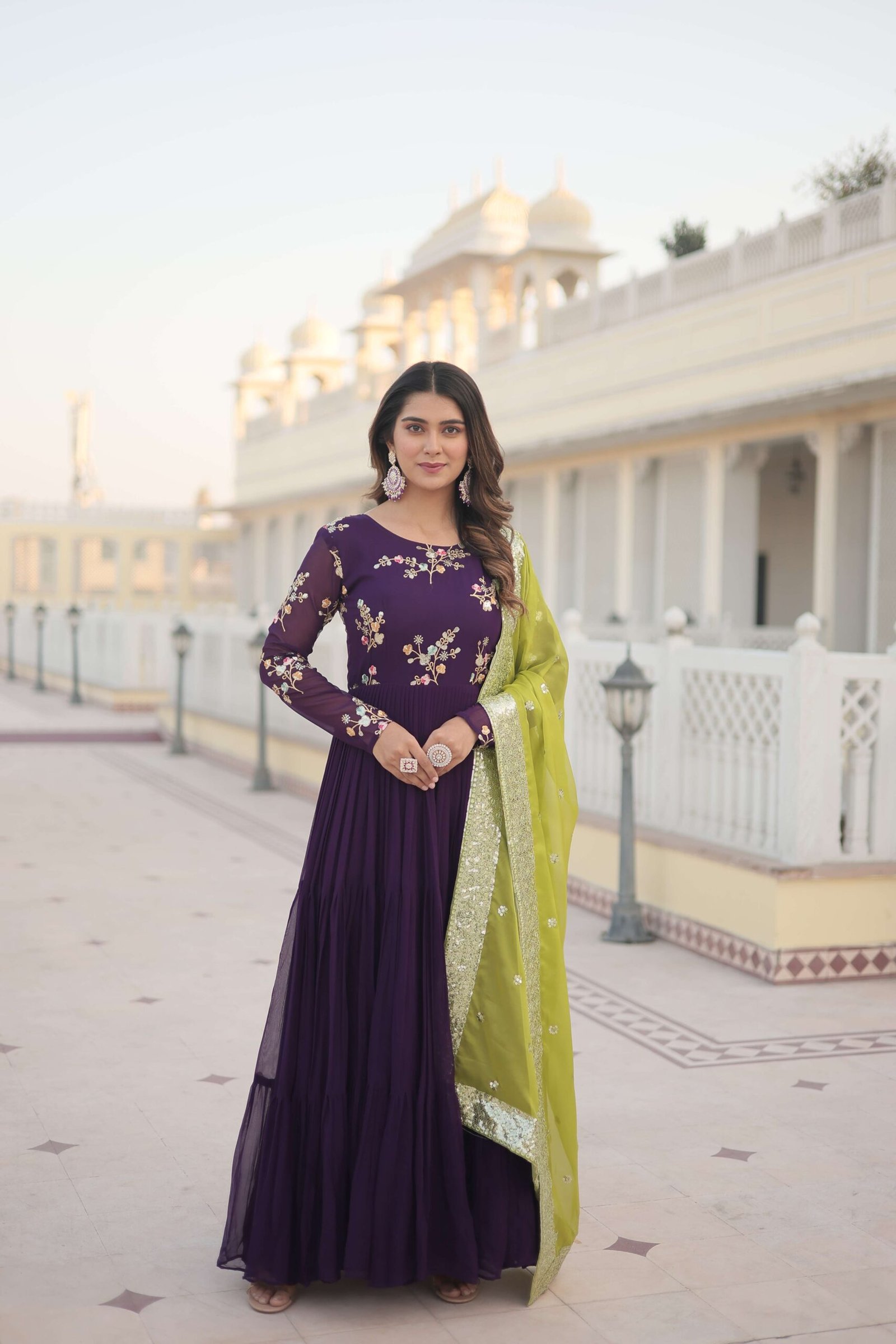 Purple Faux Georgette Designer Gown with Russian Silk Sequined Dupatta ? Elegant Fully Flared Party & Wedding Set - Image 2