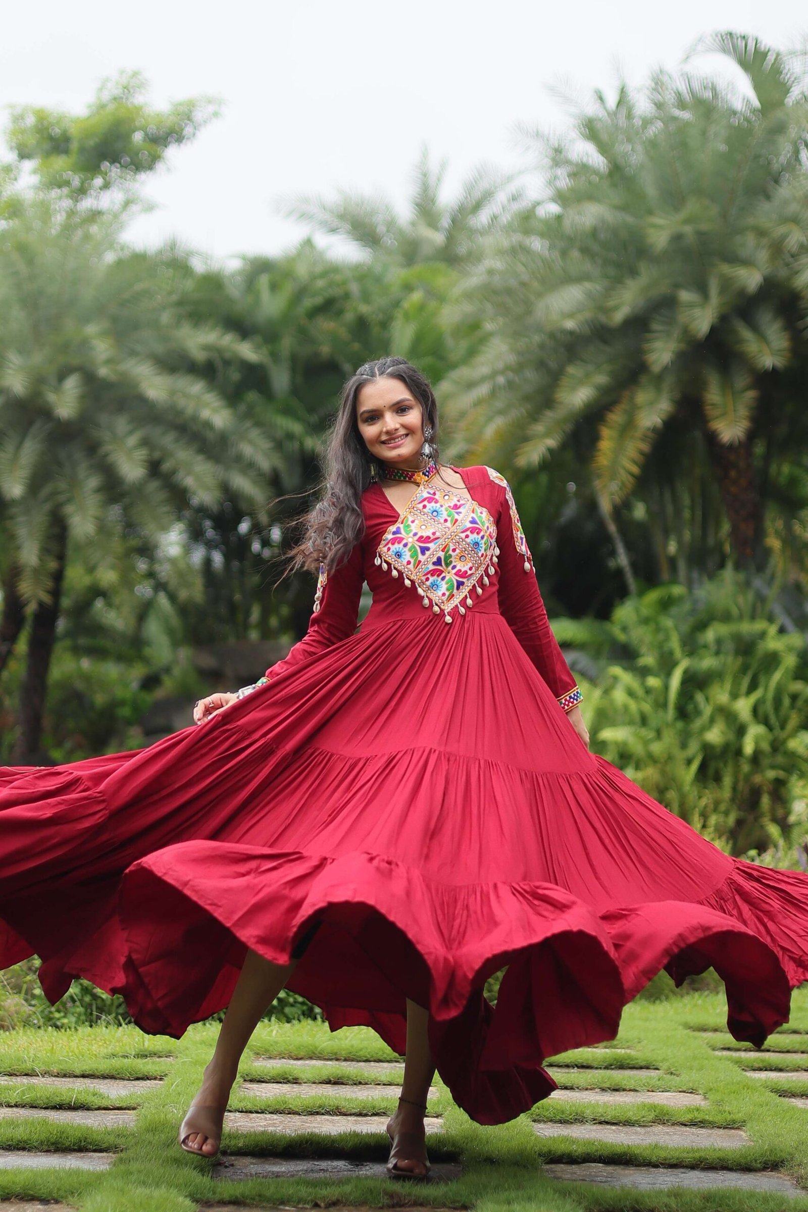 Maroon Reyon Partywear Gown with Kutchi Gamthi Work