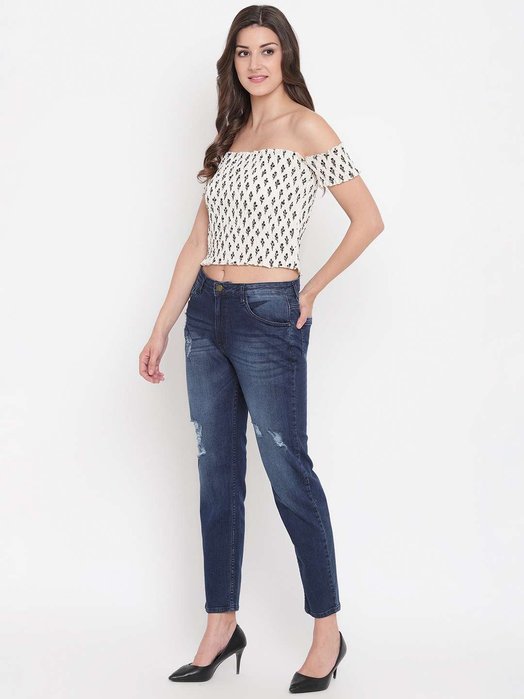 Women's Rayon Printed Off-Shoulder Smocked Crop Top Short Sleeve Casual Styles Tank Top (FREE SIZE) Multi36 - Image 4
